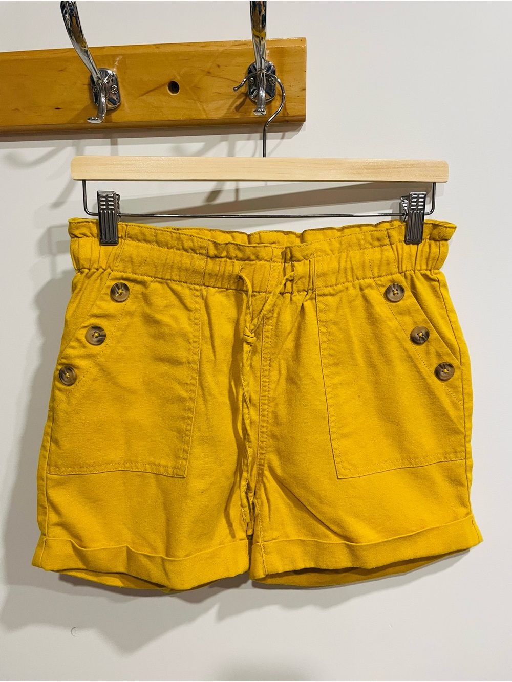 Women's Mustard Drawstring Button Pocket Shorts